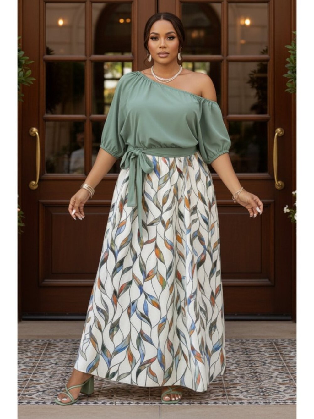 Botanical Leaf One Shoulder Blouson Belted Tie Waist Boho Maxi Dress Plus Size